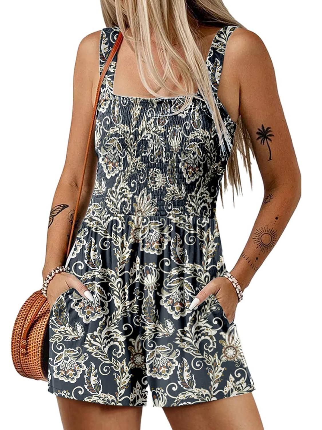 ⏰Hot Sale 49% Off💃Women's Summer Square Neck Sleeveless Loose Casual Short Smocked Romper
