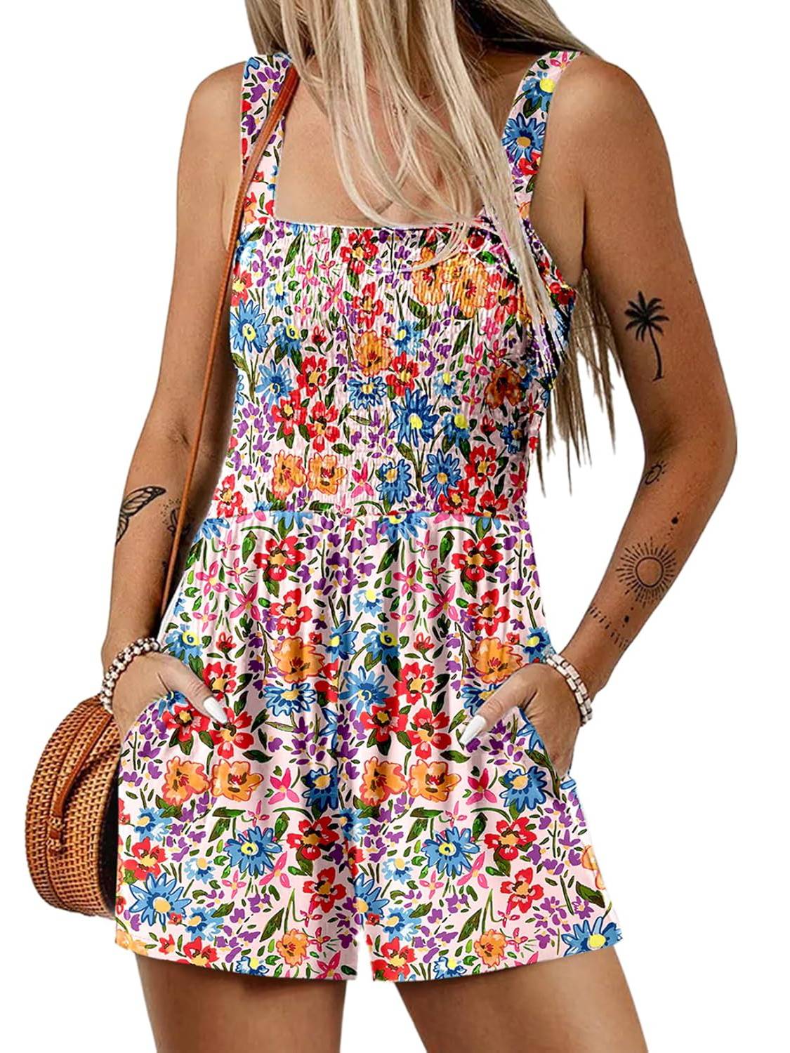 ⏰Hot Sale 49% Off💃Women's Summer Square Neck Sleeveless Loose Casual Short Smocked Romper