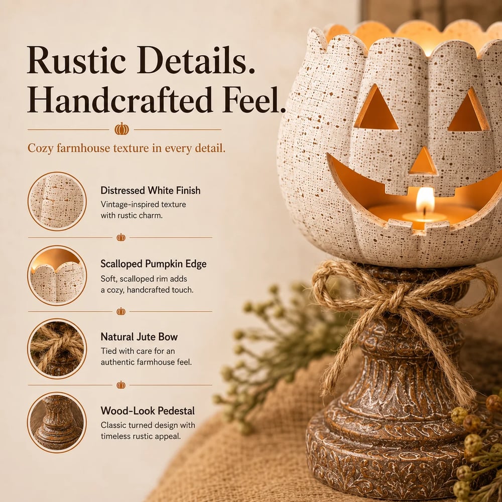 Rustic White Pumpkin Tealight Candle Holder Set