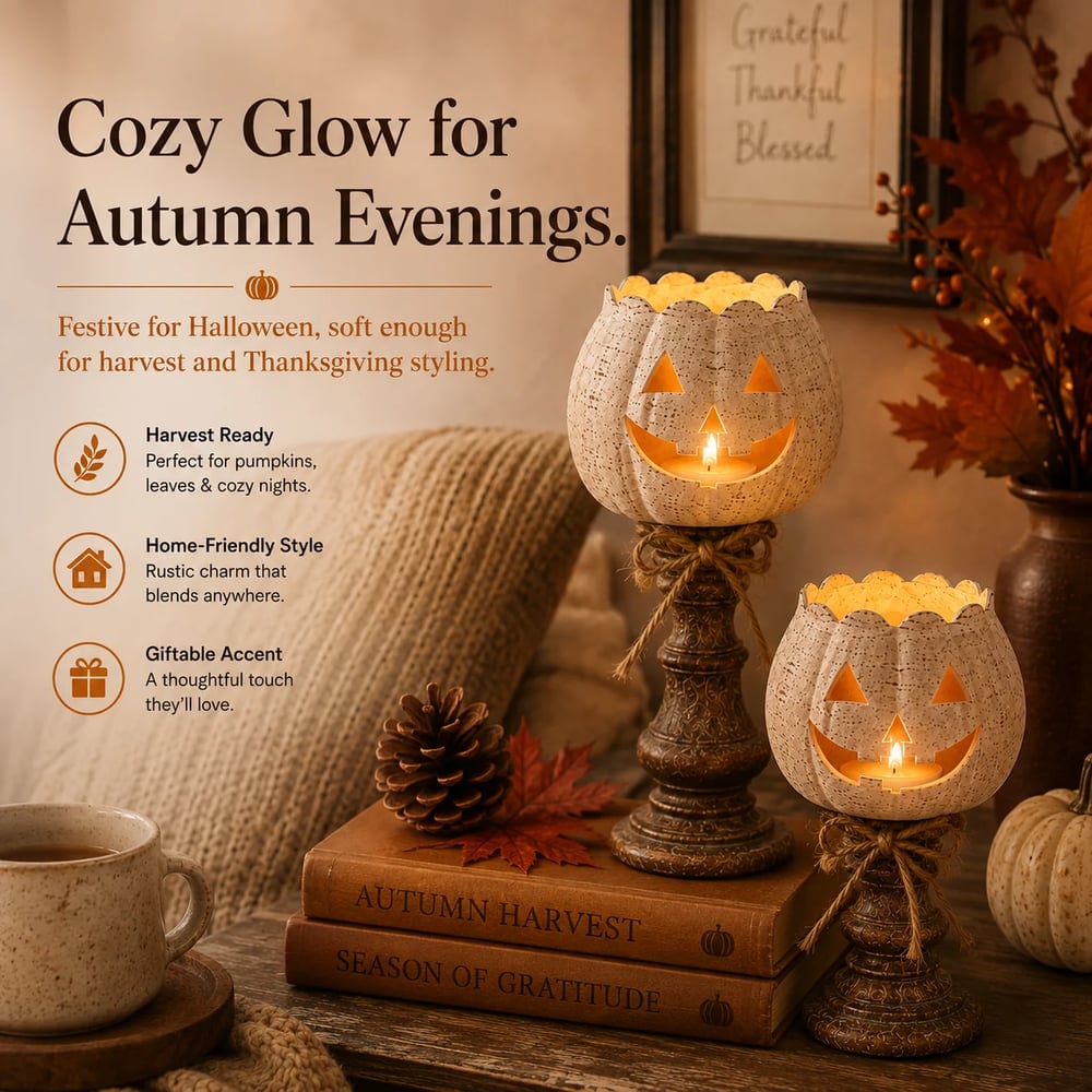 Rustic White Pumpkin Tealight Candle Holder Set