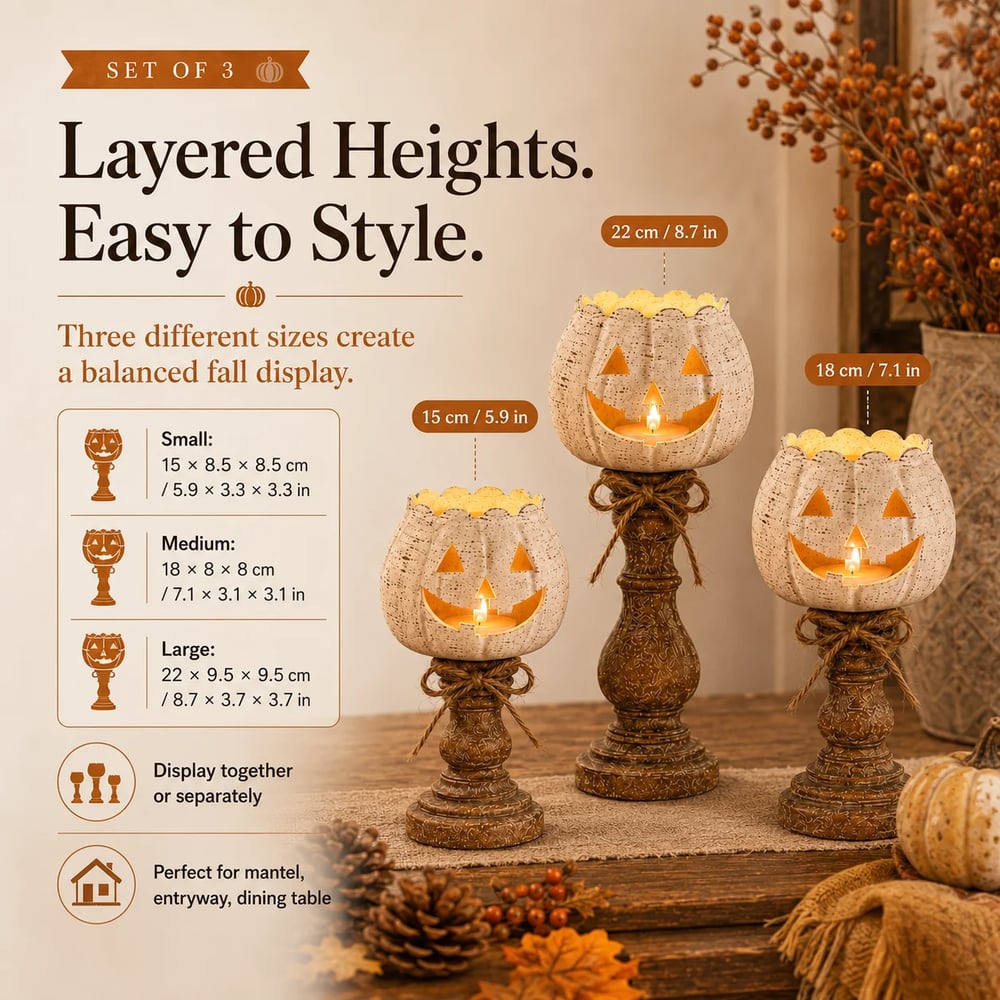 Rustic White Pumpkin Tealight Candle Holder Set