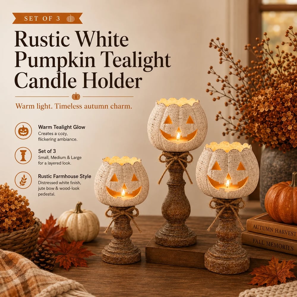 Rustic White Pumpkin Tealight Candle Holder Set