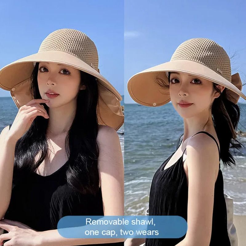 🌞2025 Summer New👒Large-brim Hollow Sunscreen Hat with Removable Neck Shawl