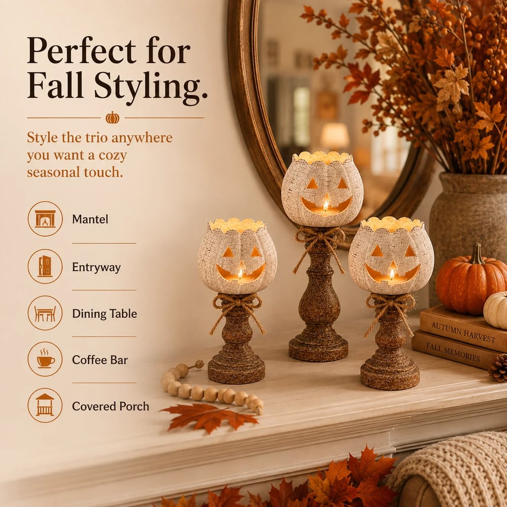 Rustic White Pumpkin Tealight Candle Holder Set