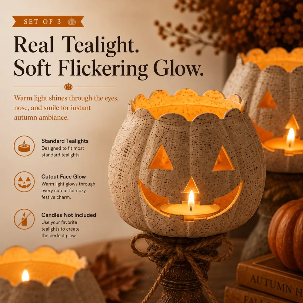 Rustic White Pumpkin Tealight Candle Holder Set